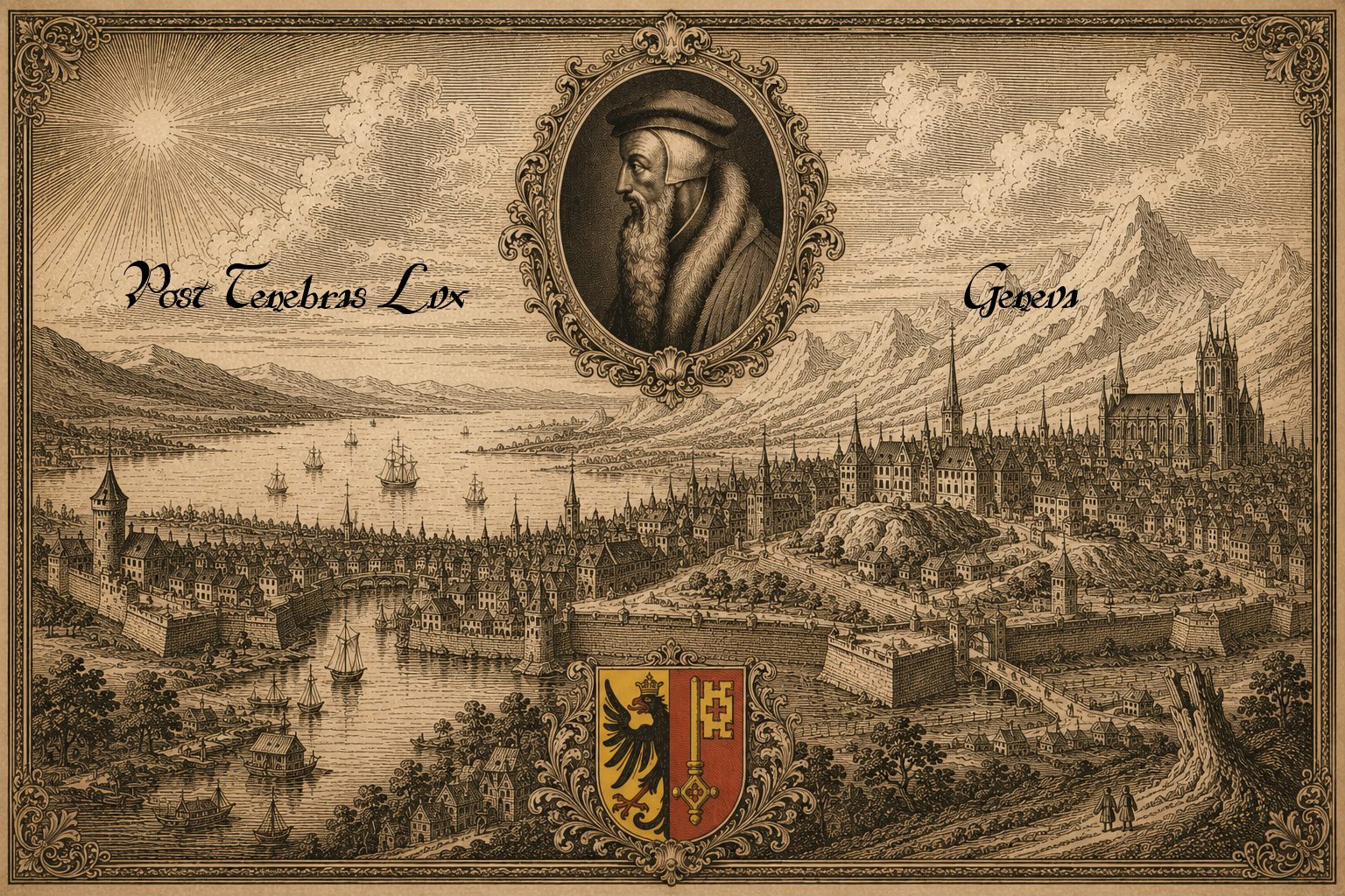 An engraved panoramic view of Reformation-era Geneva on Lake Geneva, with a portrait medallion of John Calvin above the city, mountains behind, and the motto 'Post Tenebras Lux' beside a rising sun.
